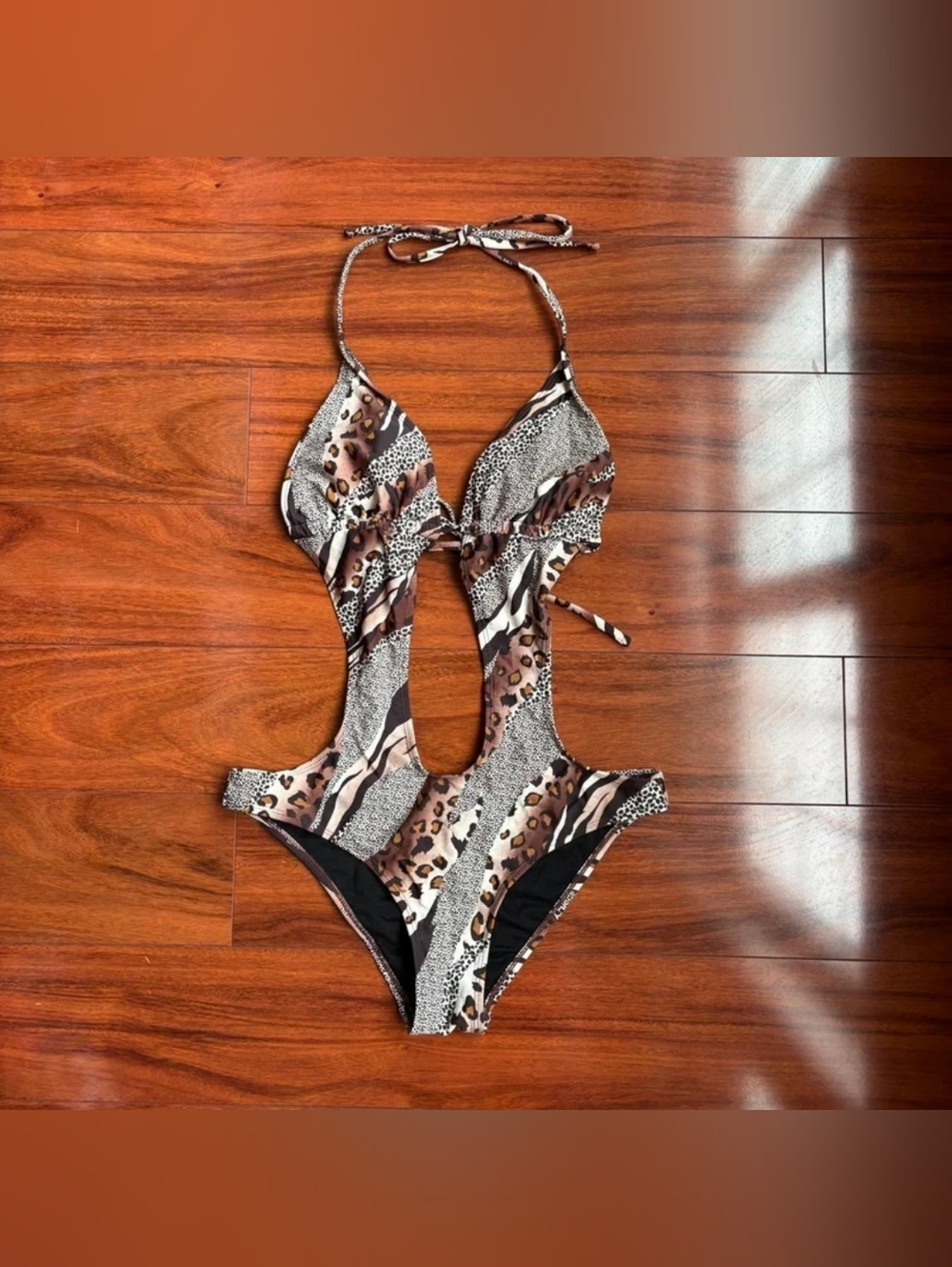 Animal Print Cutout One-Piece Swimsuit - Brown & Black